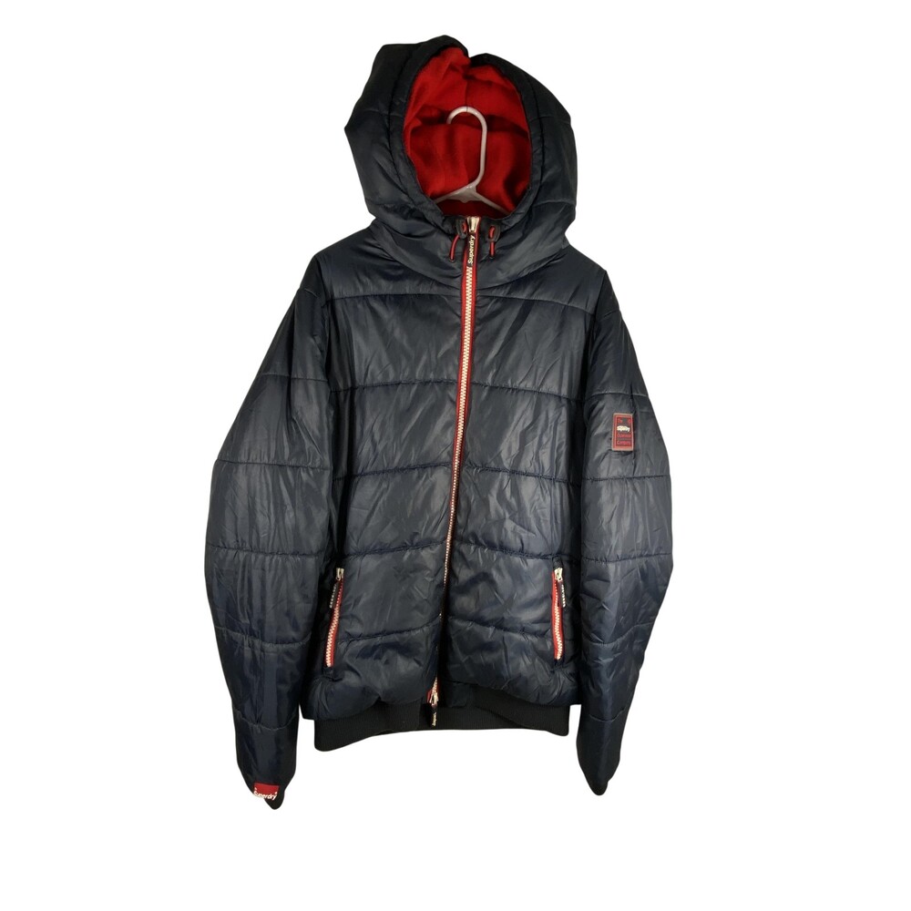 Superdry Sport Jacket Mens 2XL Blue Hooded Puffer Full Zip Fleece Lined Outdoor